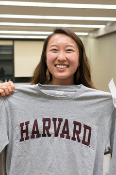 new student with Harvard t shirt