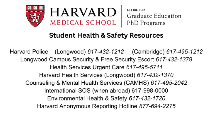 white business card with phone numbers for Harvard health and safety resources