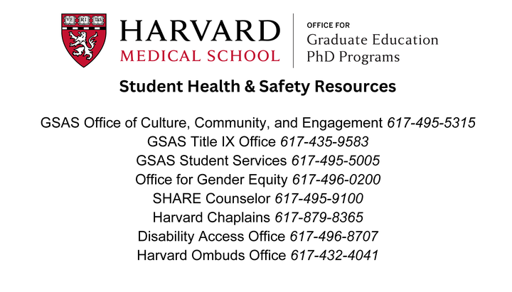 white business card with phone numbers for various Harvard health and safety resources